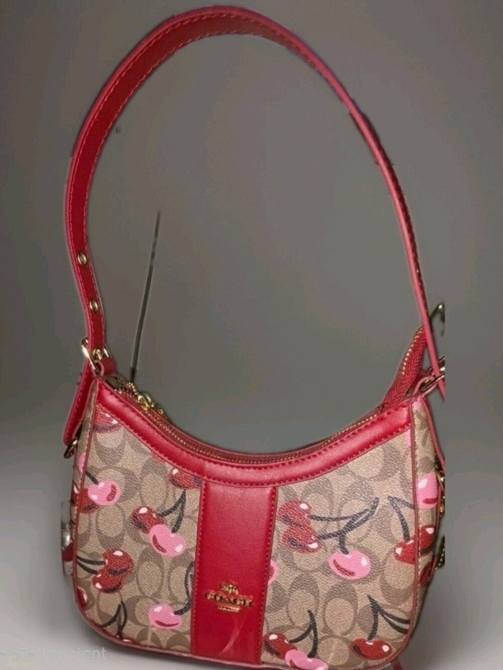 Coach Brown Cherry-Print Shoulder Bag with Pink and Red Accents